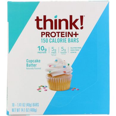 Protein+, ThinkThin, 10 батончиков Cupcake Batter по 40 г (1,41 унции) и 150 калорий каждый купить в Киеве и Украине