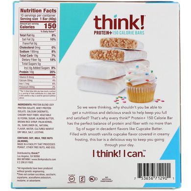 Протеїн +, Protein +, ThinkThin, 10 батончиків Cupcake Batter по 40 г (1,41 унції) і 150 калорій кожен