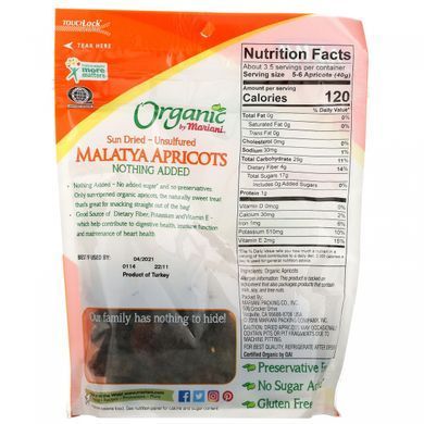 Mariani Dried Fruit, Органічні, сушені на сонці - несульфідні, абрикоси малаття, 5 унцій (142 г)