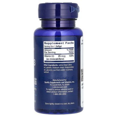 Витамин Д3 Life Extension (Vitamin D3) 25 мкг (1000 МЕ) 90 мягких капсул купить в Киеве и Украине