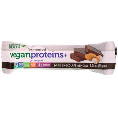 Ферментовані веганські протеїни +, темний шоколад, мигдаль, Genuine Health Corporation, 12 протеїнових батончика, по 194 унції (55 г) кожен