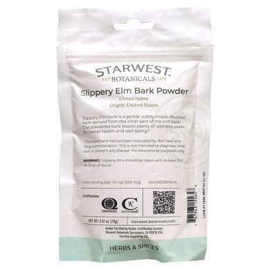 Starwest Botanicals, Organic Slippery Elm Bark Powder, 2.47 oz (70 g) купить в Киеве и Украине