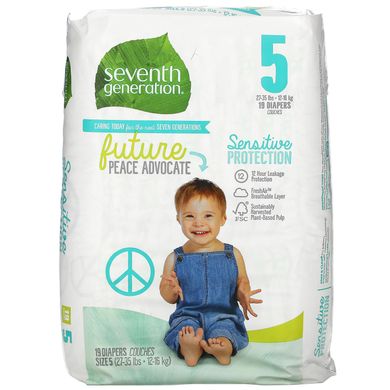 Підгузки для чутливого захисту, Sensitive Protection Diapers, Seventh Generation, Розмір 5, 27-35 фунтів, 19 підгузників