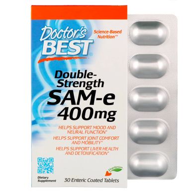 Подвійна сила, S-аденозилметіонін, Double-Strength SAM-e, Doctor's Best, 400 мг, 30 таблеток