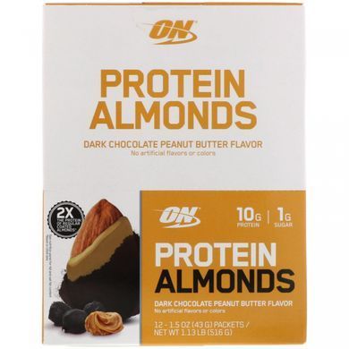 Protein almond, peanut butter with dark chocolate, Optimum Nutrition, 12 packets of 1.5 oz (43 g).