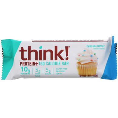Протеїн +, Protein +, ThinkThin, 10 батончиків Cupcake Batter по 40 г (1,41 унції) і 150 калорій кожен