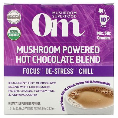 Смесь горячего шоколада с грибами, Mushroom Powered Hot Chocolate Blend, Om Mushrooms, 10 пакетов по 8 г (0,28 унции) каждый купить в Киеве и Украине