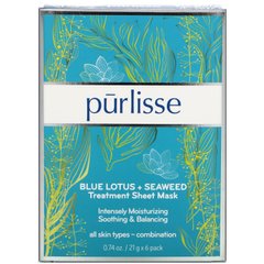 Лікувальна маска для обличчя, Blue Lotus + Seaweed, Treatment Sheet Mask, Purlisse, 6 масок по 0,74 унції (21 г) кожна