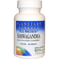 Ашвагандха, полный спектр, Planetary Herbals, 570 мг, 60 таблеток купить в Киеве и Украине