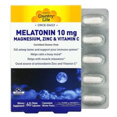 Country Life, Мелатонін, 10 мг магнію, цинку та вітаміну C, 60 веганських капсул