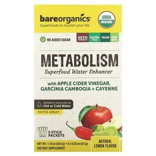 BareOrganics, Metabolism, Superfood Water Enhancer, натуральний лимон, 5 пакетиків-стіків по 6,5 г (0,23 унції)