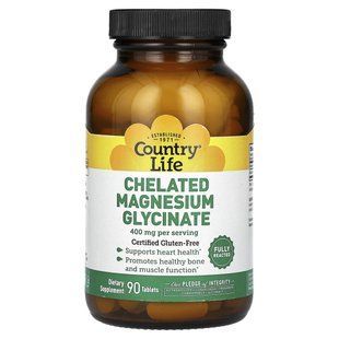 Хелатный магния глицинат, Chelated Magnesium Glycinate, Country Life, 400 мг, 90 таблеток купить в Киеве и Украине