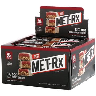 MET-Rx Big 100, Запасной батончик, Желе, пончик, Хруст, MET-Rx Big 100, Meal Replacement Bar, Jelly Donut Crunch, MET-Rx, 9 батончиков по 3,52 унции (100 г) каждый купить в Киеве и Украине