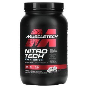 Whey isolate for building lean muscle mass Muscletech (Nitro Tech Whey Isolate Lean Muscle Builder) 907 g with cookies and cream flavor.