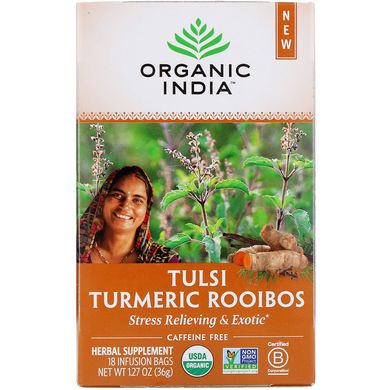 Чай Tulsi, куркума Rooibos, без кофеїну, Tulsi Tea, Turmeric Rooibos, Caffeine-Free, Organic India, 18 інфузійних пакетів, 1,27 унції (36 г)