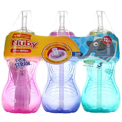 Nuby, Чашки FlexStraw без разливов, 12+ месяцев, для девочек, 3 упаковки, 10 унций (300 мл) каждая купить в Киеве и Украине