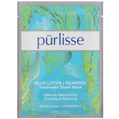 Лікувальна маска для обличчя, Blue Lotus + Seaweed, Treatment Sheet Mask, Purlisse, 6 масок по 0,74 унції (21 г) кожна
