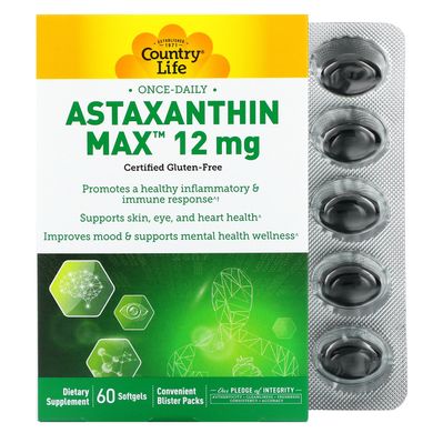 Country Life, Astaxanthin Max, 12 мг, 60 мягких таблеток купить в Киеве и Украине