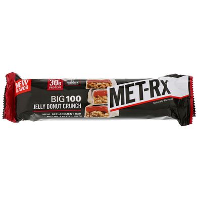 Запасний батончик, желе, пончик, хрускіт, MET-Rx Big 100, Meal Replacement Bar, Jelly Donut Crunch, MET-Rx, 9 батончиків по 3,52 унції (100 г) кожен