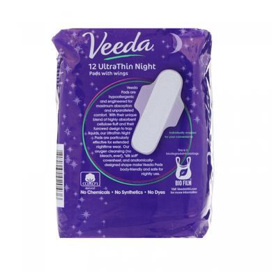 Нічні ультратонкі прокладки з натуральної бавовни з крильцями Veeda (Natural Cotton Ultra Thin Night Pads with Wings) 12 прокладок