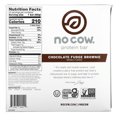 Протеїновий батончик, Брауні з шоколадною помадкою, No Cow, 12 батончиків по 60 г (2,12 унції)