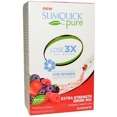 Slimquick, экстра мощная и чистая питьевая смесь для похудения с ягодным вкусом, SlimQuick, 26 пакетов
