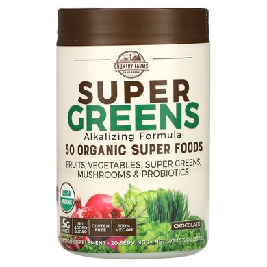 Super Greens, сертифицированная органическая формула из цельных продуктов, со вкусом шоколада, Country Farms, 10,6 унц. (300 г) купить в Киеве и Украине