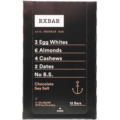 Протеїнові батончики, Шоколад і морська сіль, RXBAR, 12 батончиків, 1,83 унції (52 г) кожен
