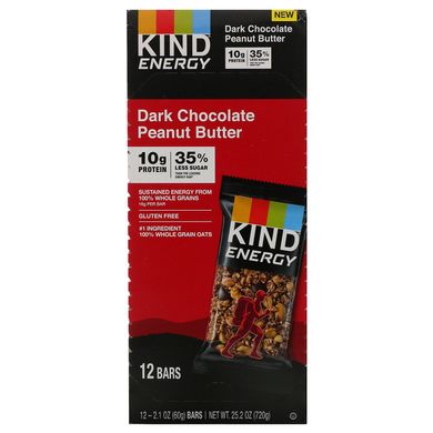 Енергія, темно-шоколадна арахісова олія, Energy, Dark Chocolate Peanut Butter, KIND Bars, 12 батончиків по 2,1 унції (60 г) кожен