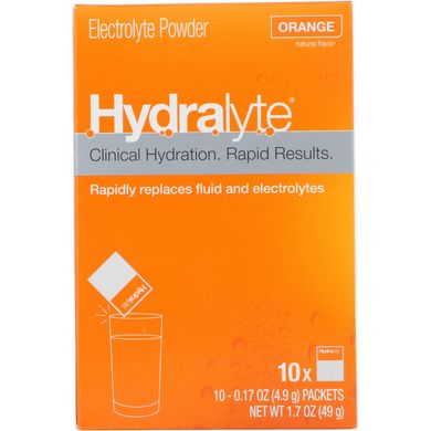 Клінічне зволоження, порошок електроліту, апельсин, Clinical Hydration, Electrolyte Powder, Orange, Hydralyte, 10 пакетів по 0,17 унції (4,9 г) кожен