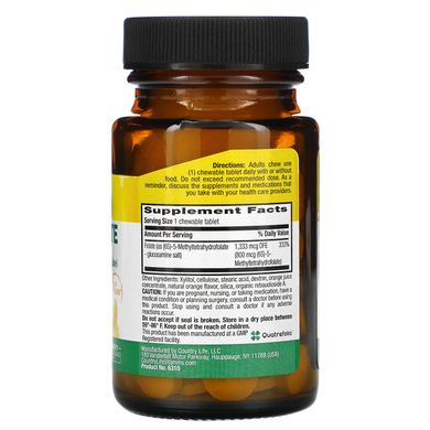 Комплекс метилфолат з апельсиновим смаком, Methyl Folate, Country Life, 800 мкг, 60 розчинних таблеток