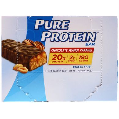 Батончики з арахісом, шоколадом і карамеллю, Pure Protein, 6 батончиків, 1,76 унц (50 г)