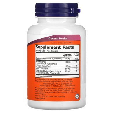 Гиалуроновая кислота Now Foods (Hyaluronic Acid) 100 мг 120 капсул купить в Киеве и Украине