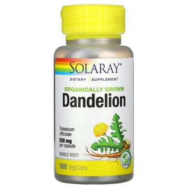 Кульбаба, вирощена з використанням органічних методик, Organically Grown Dandelion, Solaray, 520 мг, 100 капсул