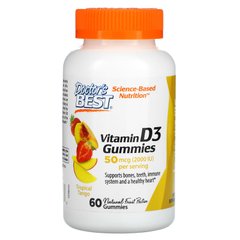 Жувальні таблетки з вітаміном D3, зі смаком тропічних фруктів, Doc's Kids, Vitamin D3 Gummies, All Natural Fruit Flavors, Doctor's Best, 50 мкг, 60 жувальних таблеток