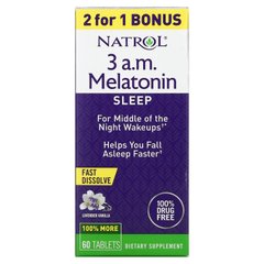 Natrol, 3 години ночі, мелатонін, сон, лаванда, ваніль, 60 таблеток