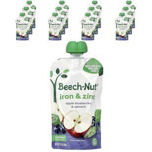 Дитяче пюре із залізом і цинком Beech-Nut (Baby Food with Iron & Zinc) від 12 місяців 6 пакетиків по 99 г яблуко лохина та шпинат
