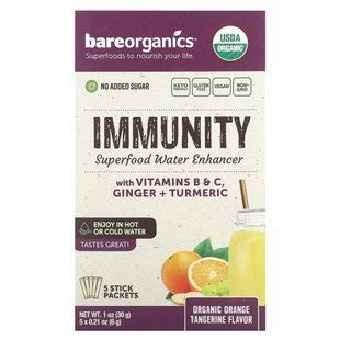 BareOrganics, Imunity, Superfood Water Enhancer, органічний апельсин і мандарин, 5 пакетиків-стіків по 6 г (0,21 унції)
