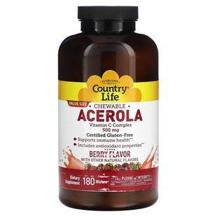 Country Life, Chewable Acerola, Vitamin C Complex, Berry, 500 mg, 180 Wafers купить в Киеве и Украине