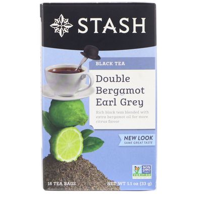 Чорний чай, Earl Grey, подвійний бергамот, Stash Tea, 18 чайних пакетиків, 1,1 унції (33 г)
