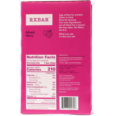 Протеїнові батончики, ягода, RXBAR, 12 батончиків, 52 г (1,83 унції)