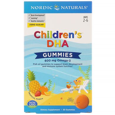 Жувальні таблетки з ДГК, зі смаком тропічних фруктів, Children's DHA, Nordic Naturals, 600 мг, 30 жувальних таблеток