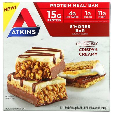 Atkins, Protein Meal Bar, батончик S'mores, 5 батончиків, 1,69 унції (48 г)