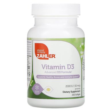 Вітамін Д3, покращена формула D3, 2000 МО, Zahler, 250 м'яких таблеток