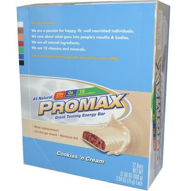 Енергетичні батончики зі смаком печива і вершків, Promax Nutrition, 12 шт по 75 г кожен