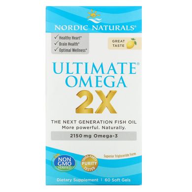 Омега 2х, лимонний смак, Ultimate Omega 2x, Nordic Naturals, 60 капсул