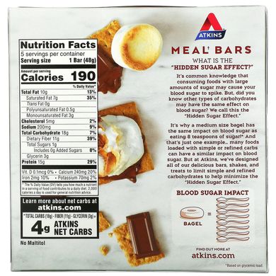 Atkins, Protein Meal Bar, батончик S'mores, 5 батончиків, 1,69 унції (48 г)