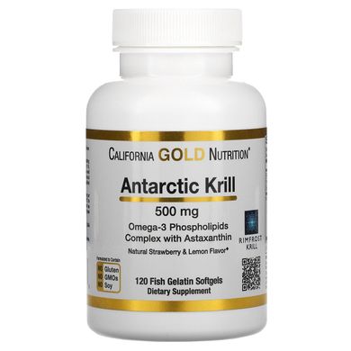 Жир арктичного криля з астаксантином зі смаком лимона та полуниці California Gold Nutrition (Krill Oil With Astaksanthin) 500 мг 120 капсул