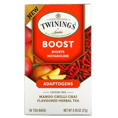 Twinings, Boost, адаптогени, трав'яний чай зі смаком манго та чилі, без кофеїну, 18 чайних пакетиків, 0,95 унції (27 г)