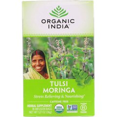 Чай Тулса, Морінга, без кофеїну, Tulsi Tea, Moringa, Caffeine Free, Organic India, 18 інфузійних пакетів, 1,27 унції (36 г)